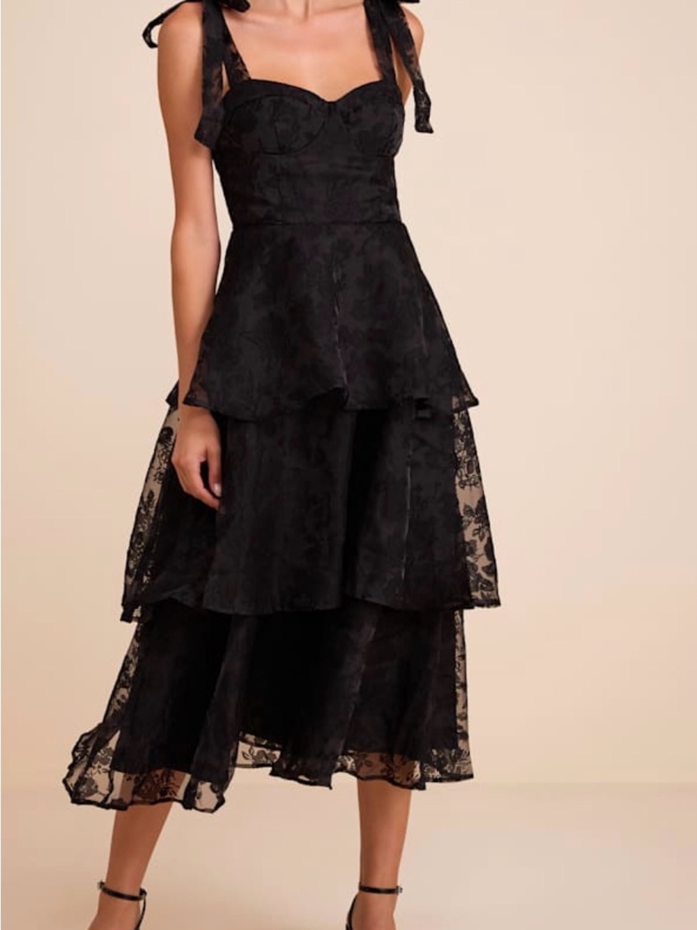 Lulus Glamorous Sweetie Black Burnout Tie-Strap Bustier Midi Dress - Women